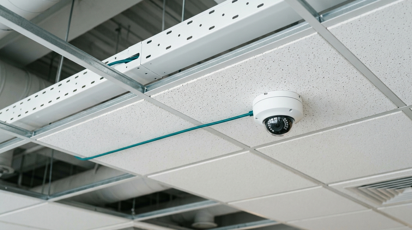 Ceiling-mounted IP camera with a single Ethernet cable running to it, no separate power cable