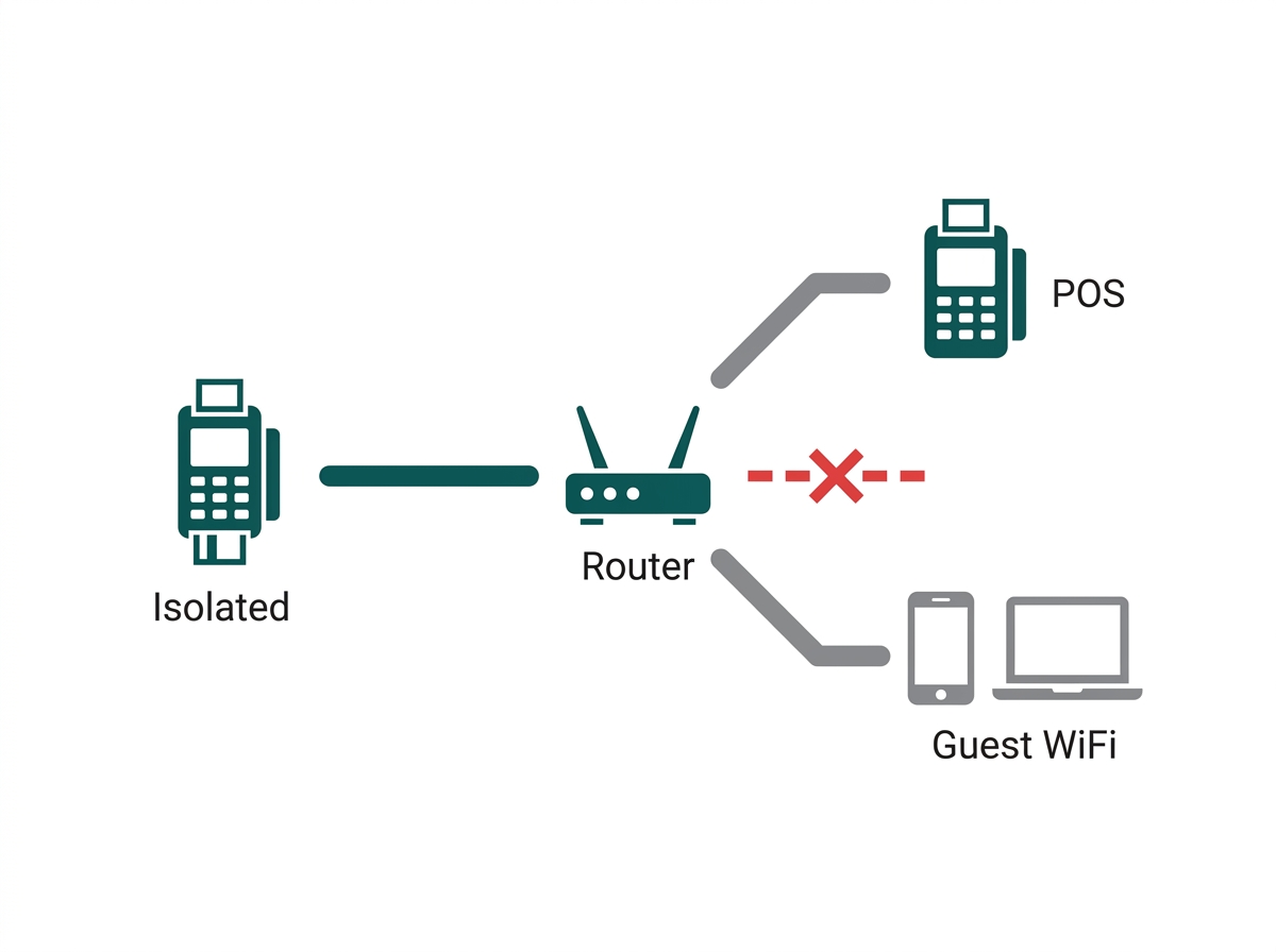 Flat diagram showing a POS terminal on an isolated network separate from guest WiFi devices