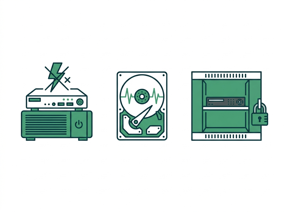 Three icons showing a recorder on a UPS, a monitored hard drive, and a recorder locked in a cabinet