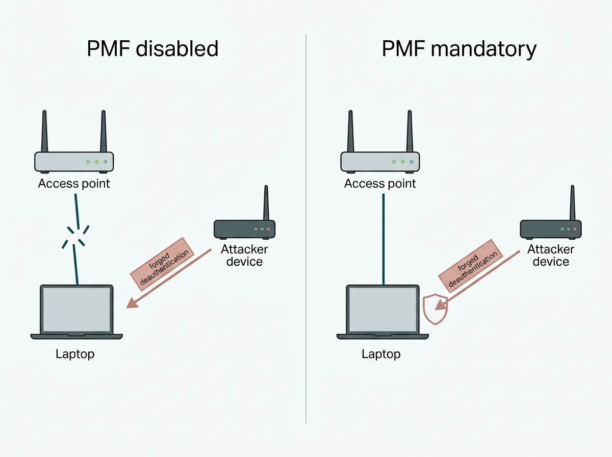 Comparison showing a forged deauthentication frame disconnecting a client without PMF, and the same frame being rejected when PMF is enabled