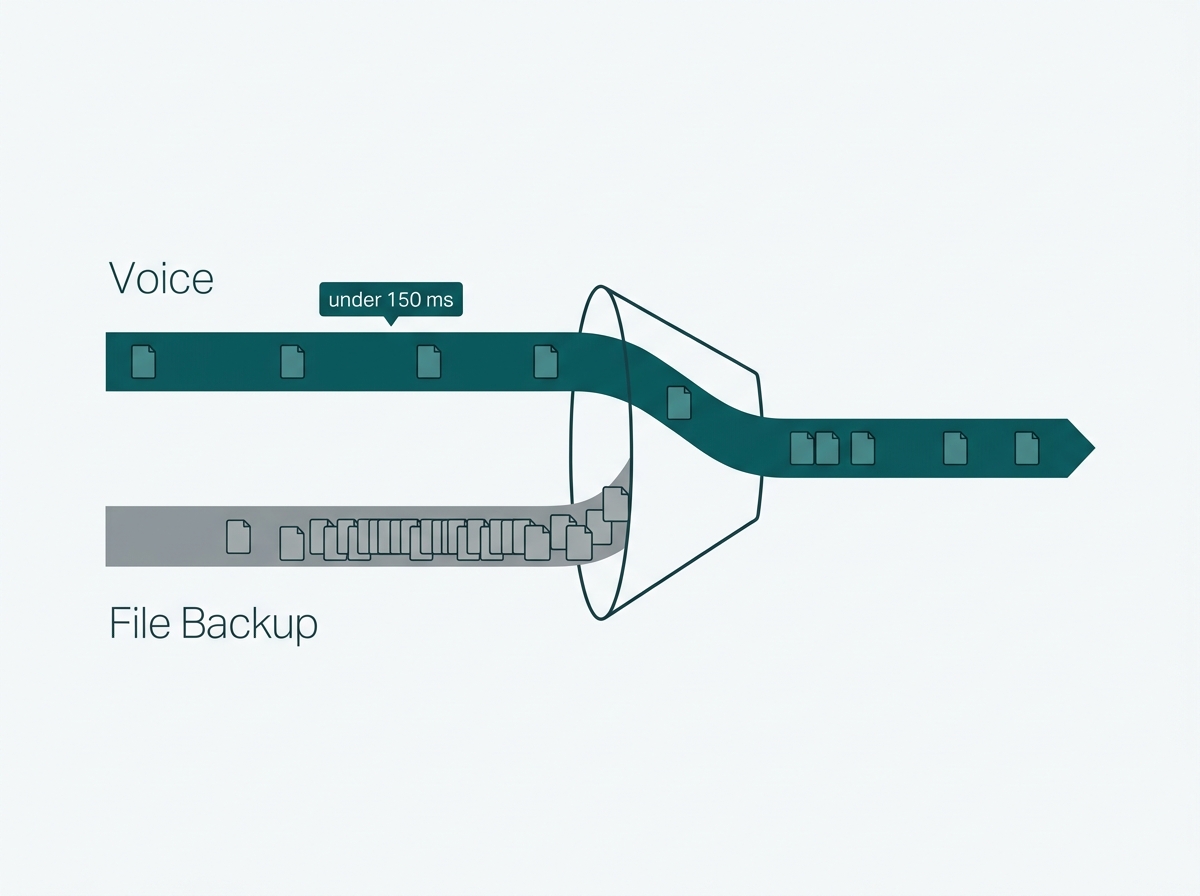 Diagram showing voice traffic passing a switch ahead of a queued file backup to stay within the 150 millisecond delay budget