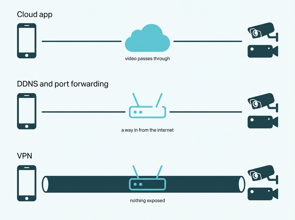 Three paths from a phone to a camera, one through a cloud service, one through an open router port, and one through a private tunnel