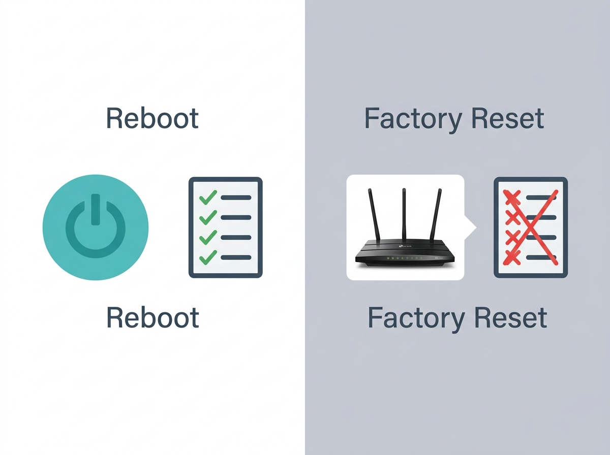 Flat diagram comparing rebooting a router (settings kept) versus factory resetting (settings erased)