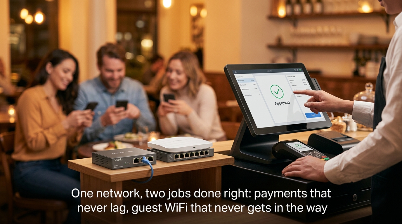 A busy restaurant counter where a POS terminal processes payment smoothly while customers browse on guest WiFi, powered by visible Omada network hardware