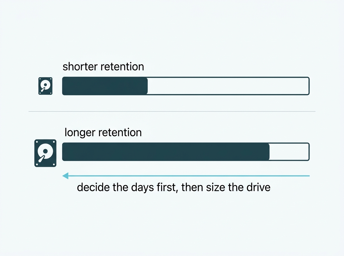 Two retention periods shown as different lengths of stored footage requiring different drive sizes