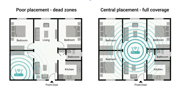 Optimal router placement to increase download speed in a Philippine apartment - central vs corner placement comparison