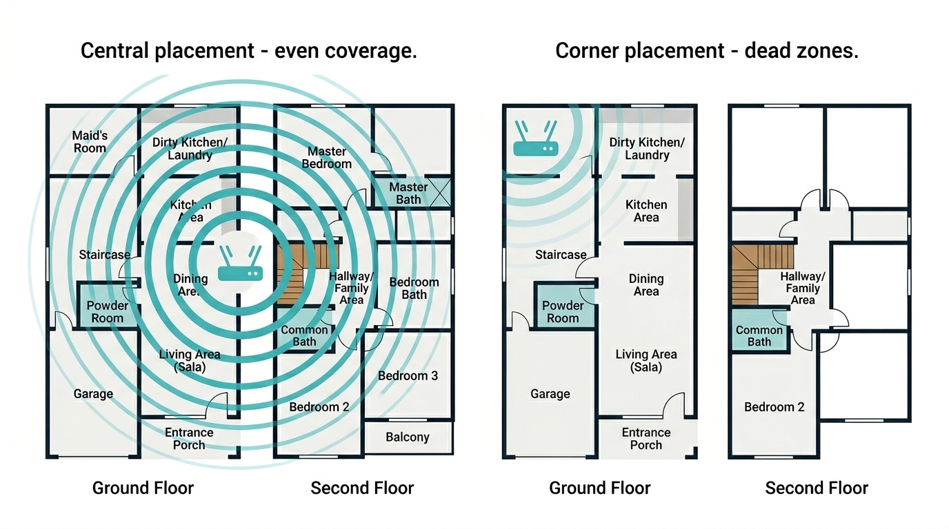 Router placement guide for Philippine homes - central vs corner placement showing Wi-Fi coverage difference