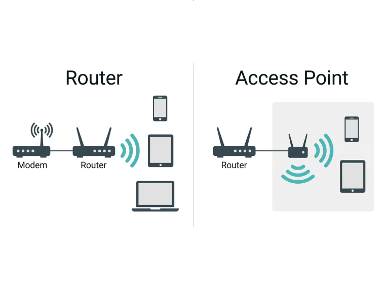 Flat side-by-side diagram comparing a wireless router connected to the internet versus an access point extending WiFi from an existing network