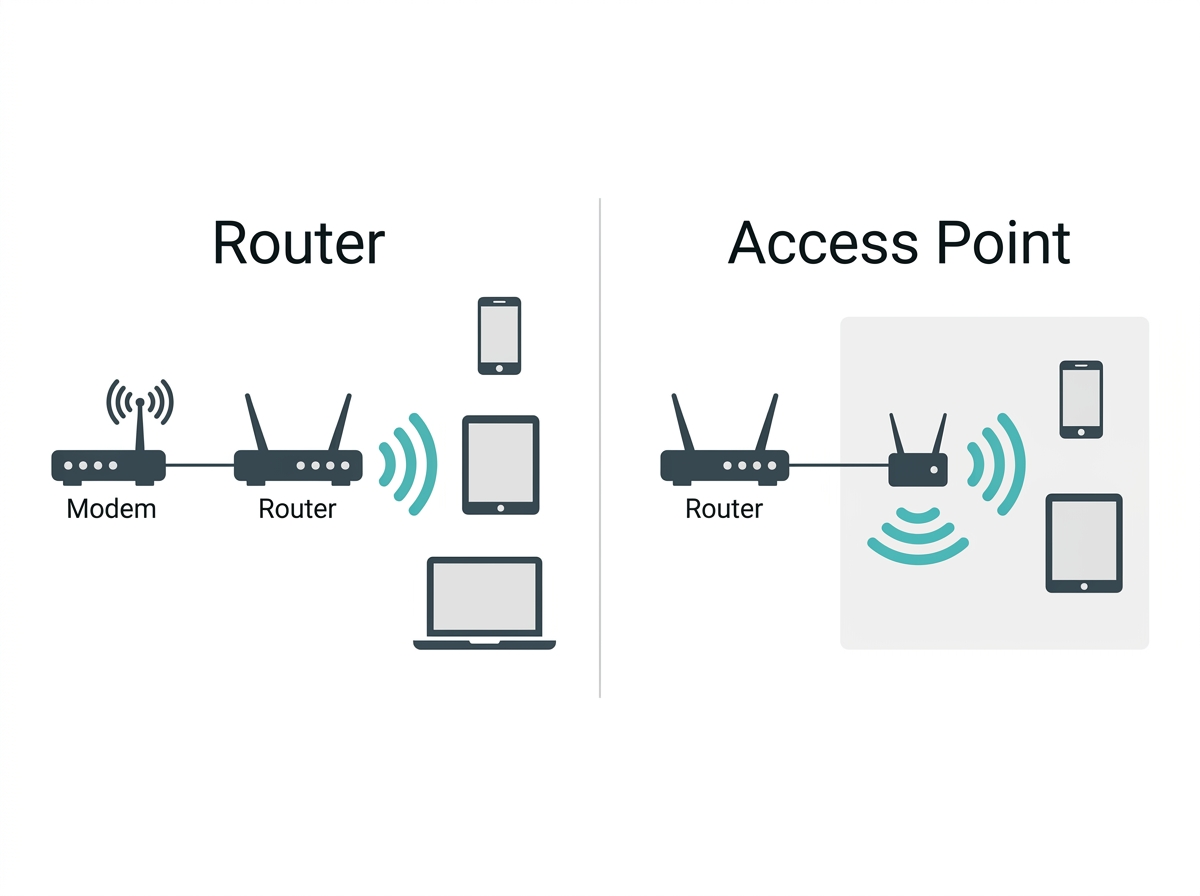 Flat side by side diagram comparing a wireless router connected to the internet versus an access point extending WiFi from an existing network