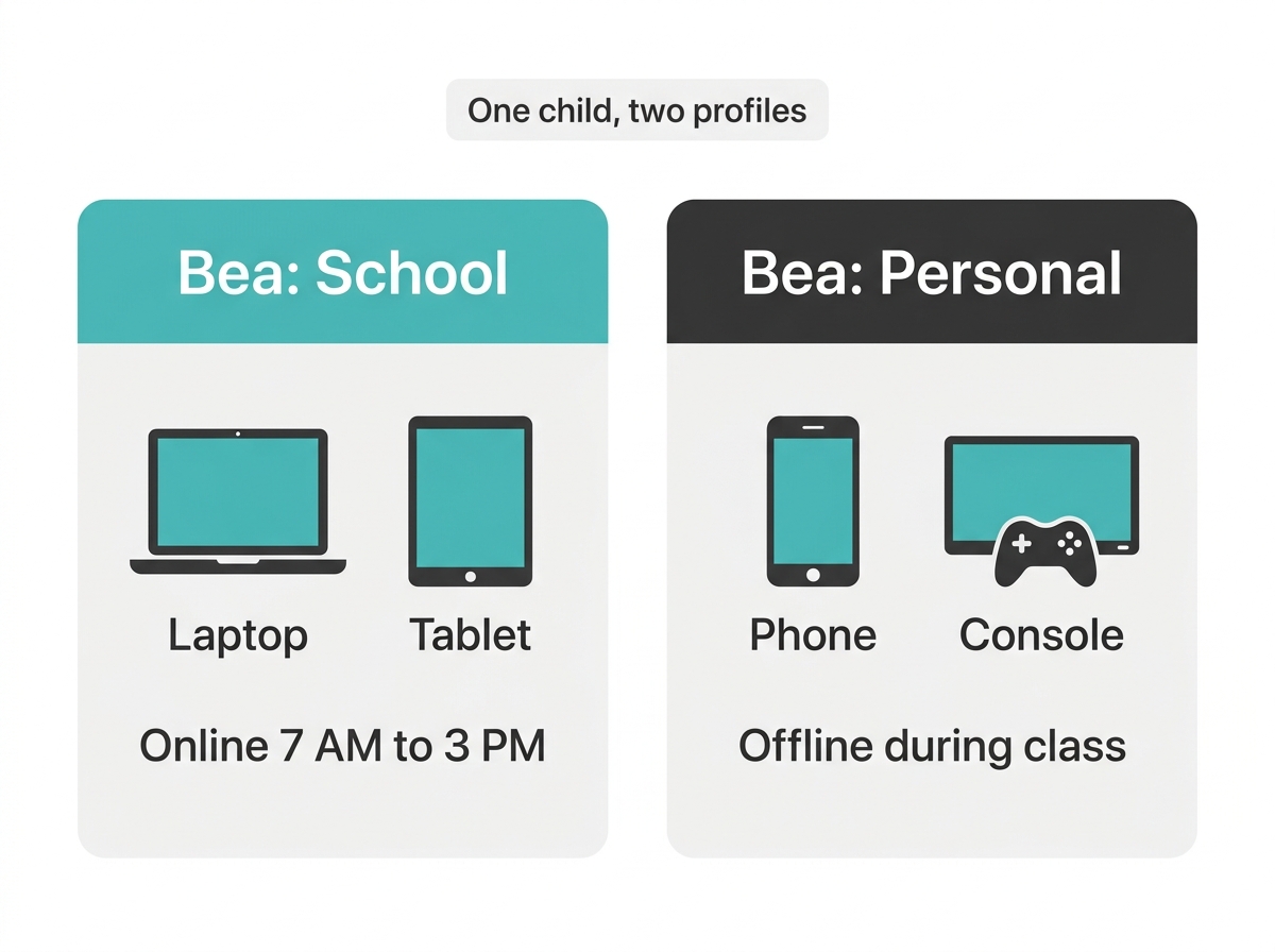 One child with two TP-Link profiles, a school profile for the laptop online during class and a personal profile for the phone offline during class