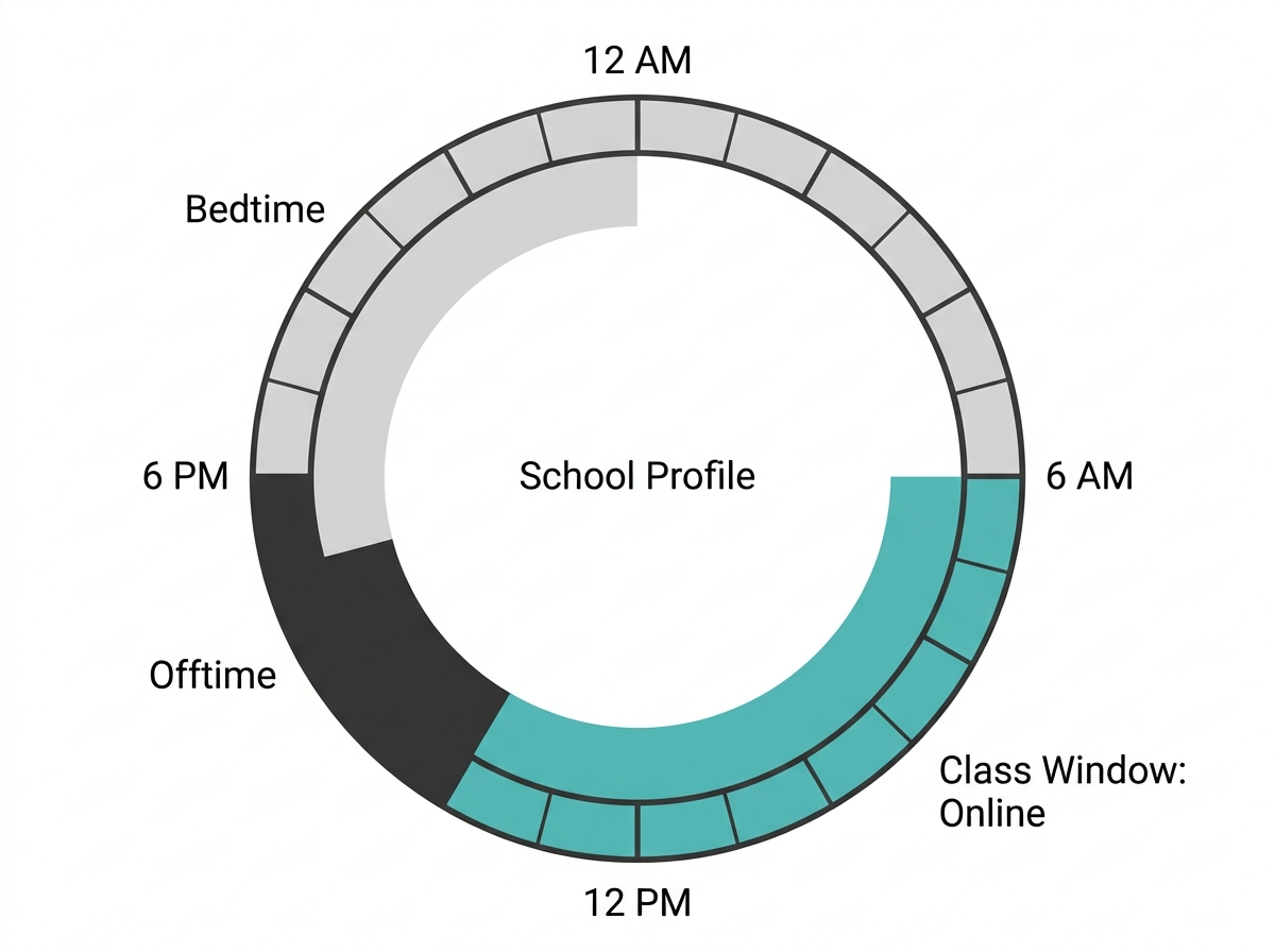 24-hour schedule for a school profile on a TP-Link router, online during class hours with Offtime and Bedtime covering the rest of the day