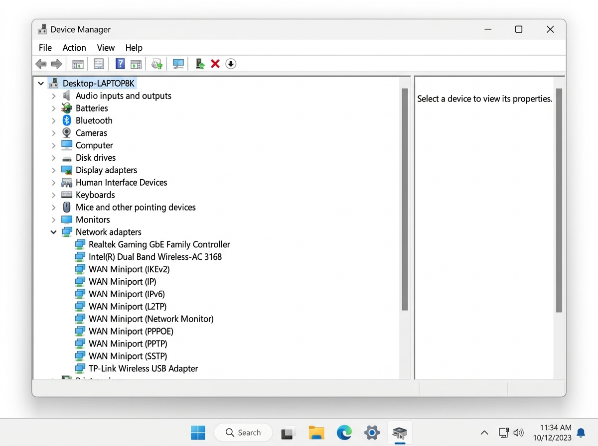 Alt text: Windows Device Manager window with Network Adapters expanded, showing a TP-Link Wireless USB Adapter listed among other network devices Caption: Device Manager, Network Adapters view, where a missing listing or yellow exclamation mark signals a driver issue