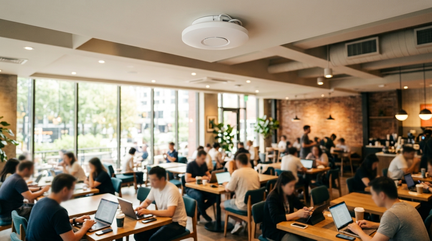 eiling-mounted wireless access point above a busy cafe seating area where customers are working on laptops and phones