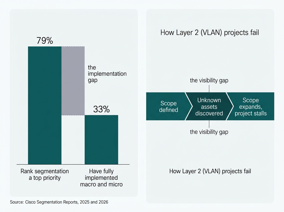 Chart showing 79 percent rank segmentation as a top priority against 33 percent who have fully implemented it, with the Layer 2 failure pattern beside it