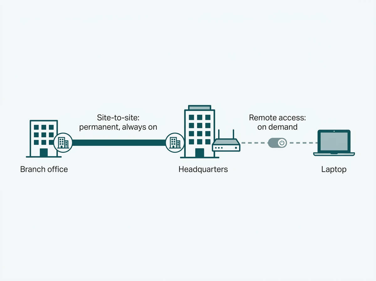 Diagram showing a permanent site-to-site VPN tunnel between two office locations alongside an on-demand remote access tunnel from a single laptop to the same central gateway