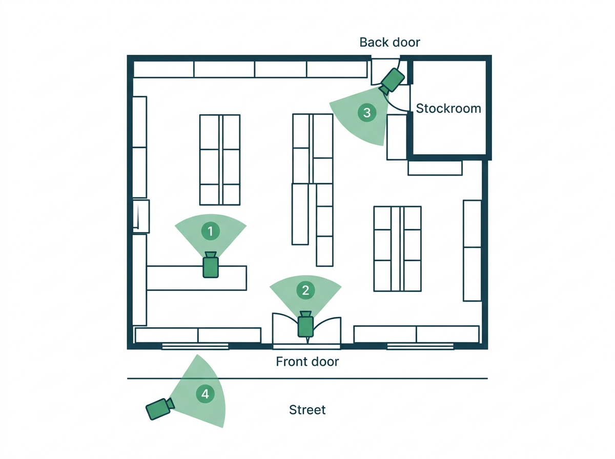 Store floor plan with four camera positions at the cash counter, front entrance, back door, and street-facing exterior