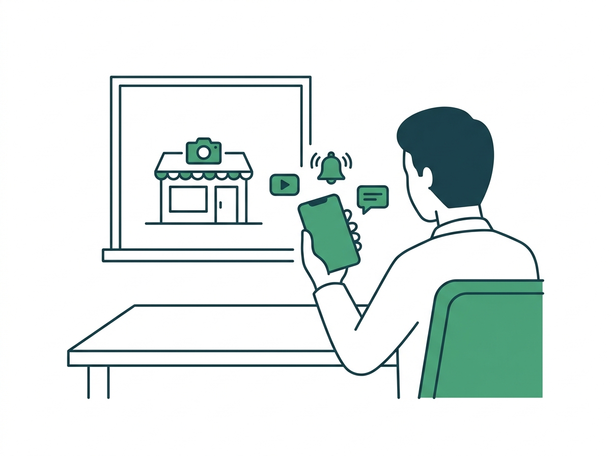 Business owner seen from behind checking a phone in an office away from the store, with icons for live view, alerts, and two-way audio