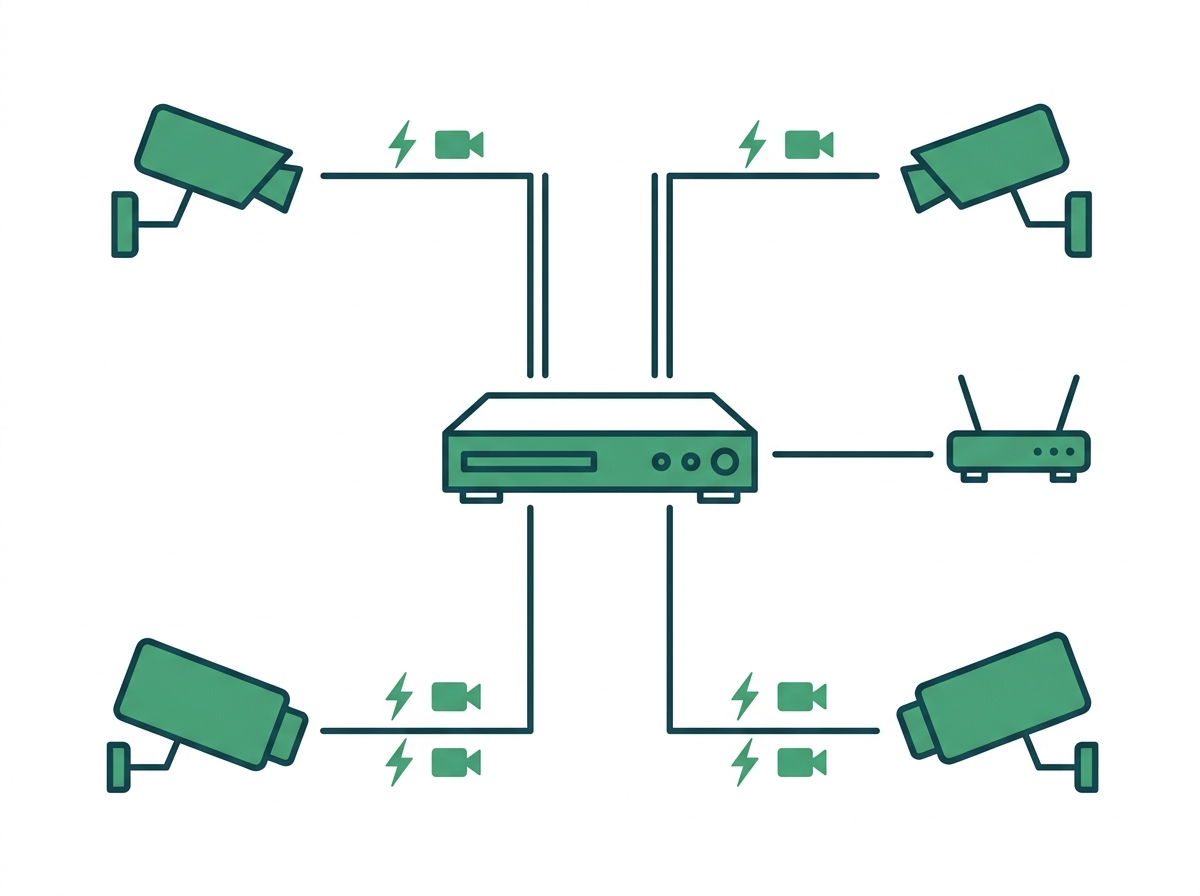 Diagram of an NVR powering and recording four cameras over single Ethernet cables, connected to a router