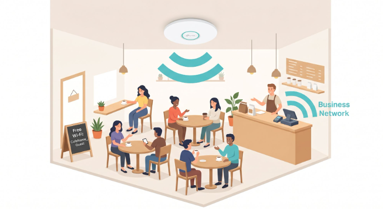Omada EAP610 ceiling-mount access point installed in a Philippine cafe providing separate guest Wi-Fi and business network coverage