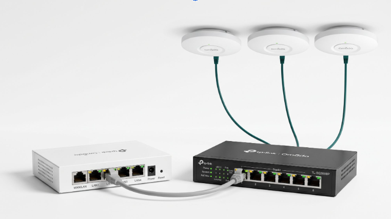 Product photo of a small office network setup: an Omada gateway, PoE switch, and ceiling-mount access points connected together