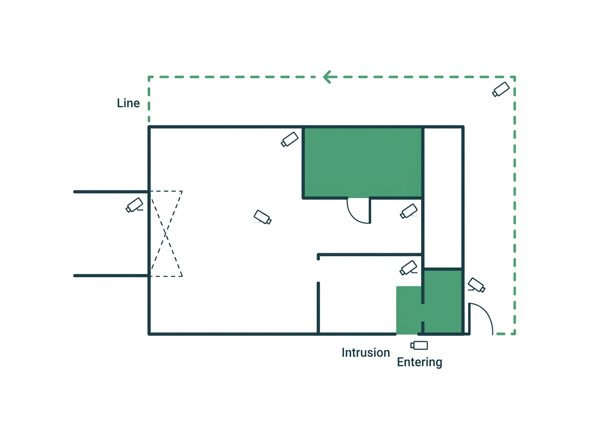 Site plan of a small commercial warehouse showing a line-crossing rule on the rear fence, an intrusion zone over the stockroom, and a region entering zone at the cash room