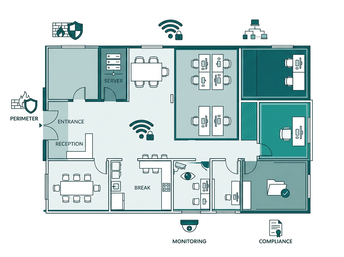 Flat illustration of an SMB office floor plan marking five network security zones: perimeter, wireless, segmentation, monitoring, and compliance