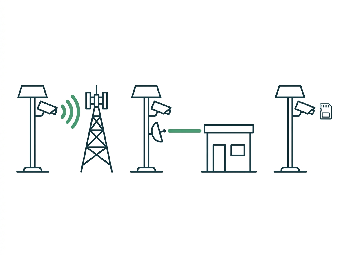 Three ways a solar camera sends video: over a 4G cell tower, over a wireless bridge to a building, or stored on a memory card