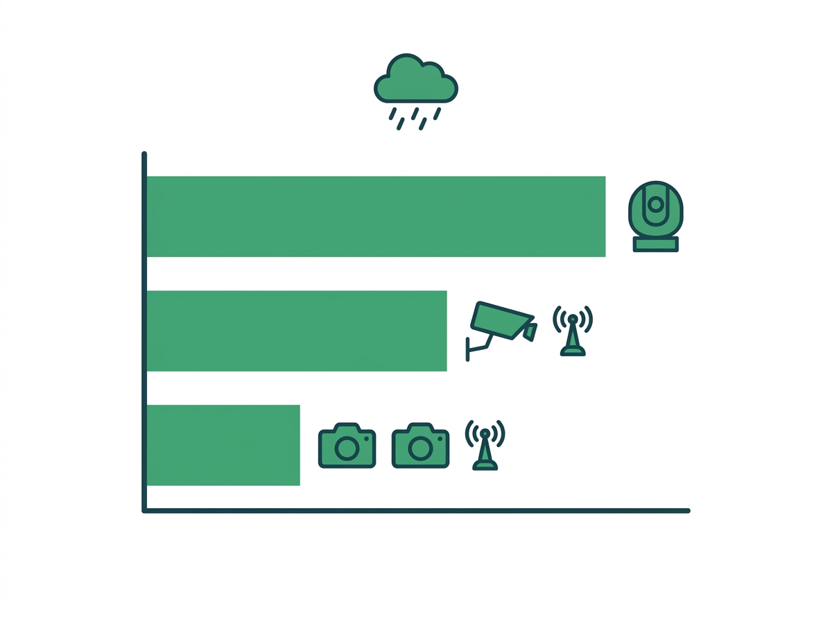 Bar chart showing rainy-day battery runtime falling as more cameras and a bridge are added to one solar system