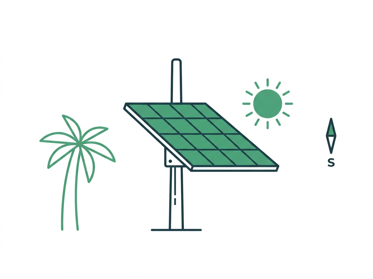 Solar panel on a pole tilted at a low angle and facing south, clear of nearby tree shade