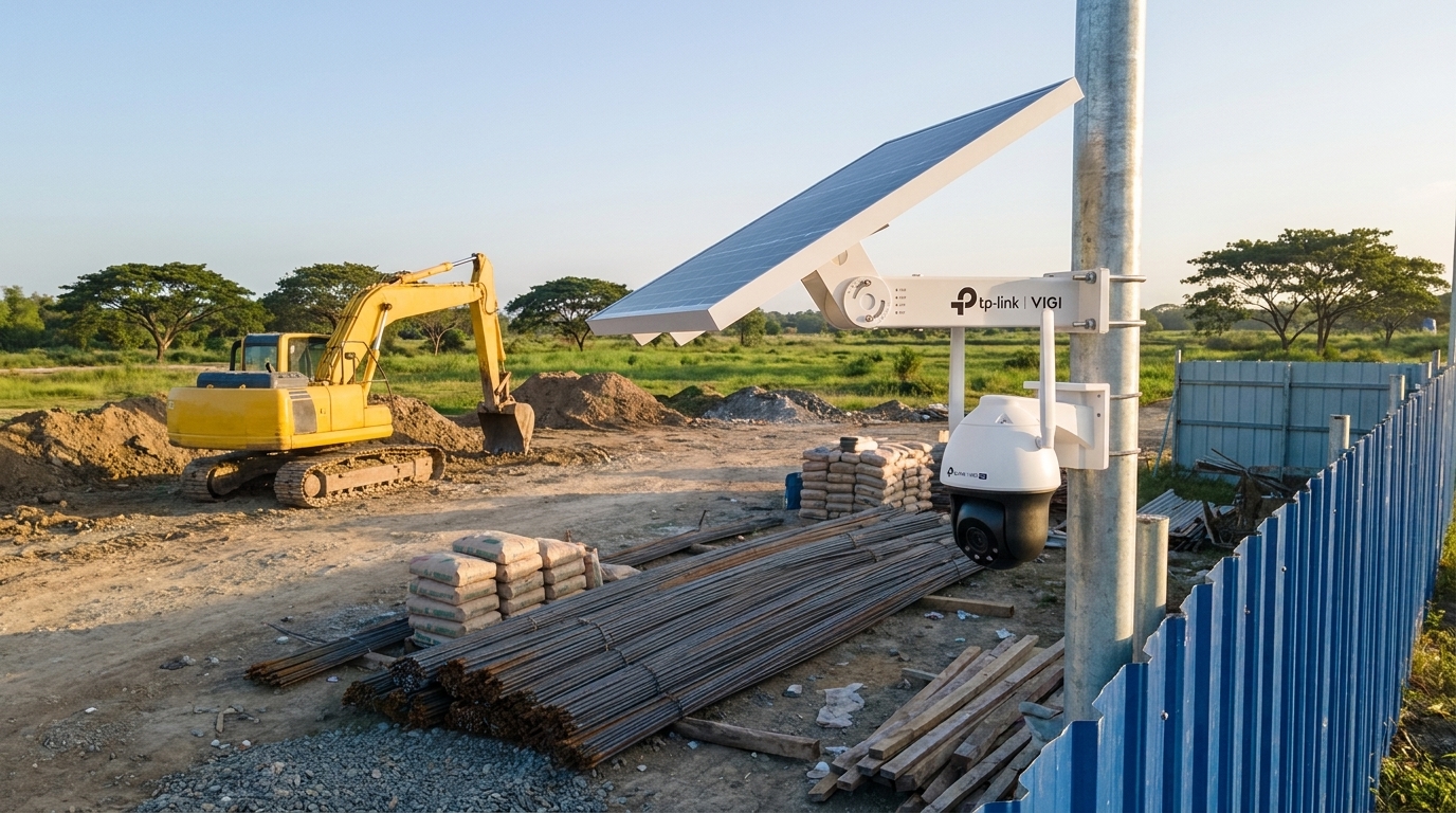 VIGI solar panel and 4G pan-tilt camera on a pole watching a construction site materials yard with no power lines nearby
