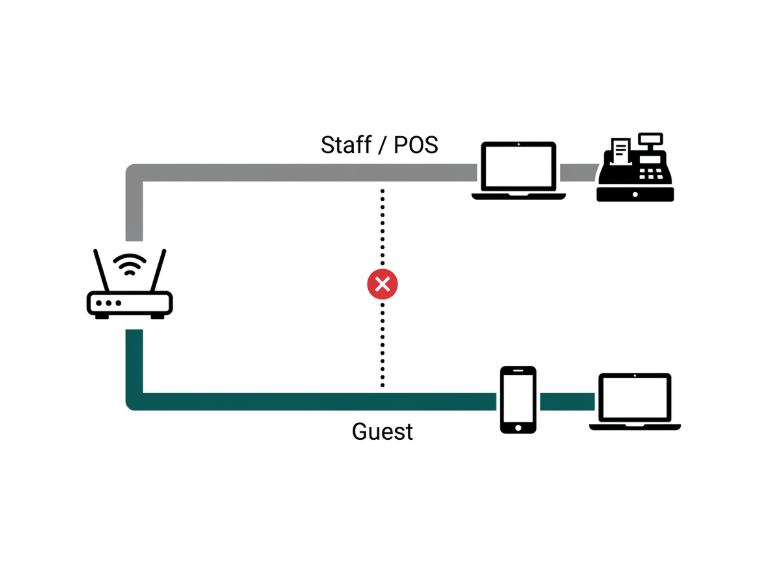 Flat diagram showing two separate network paths from a router, one for staff and POS systems and one for guest devices, with a blocked connection between them