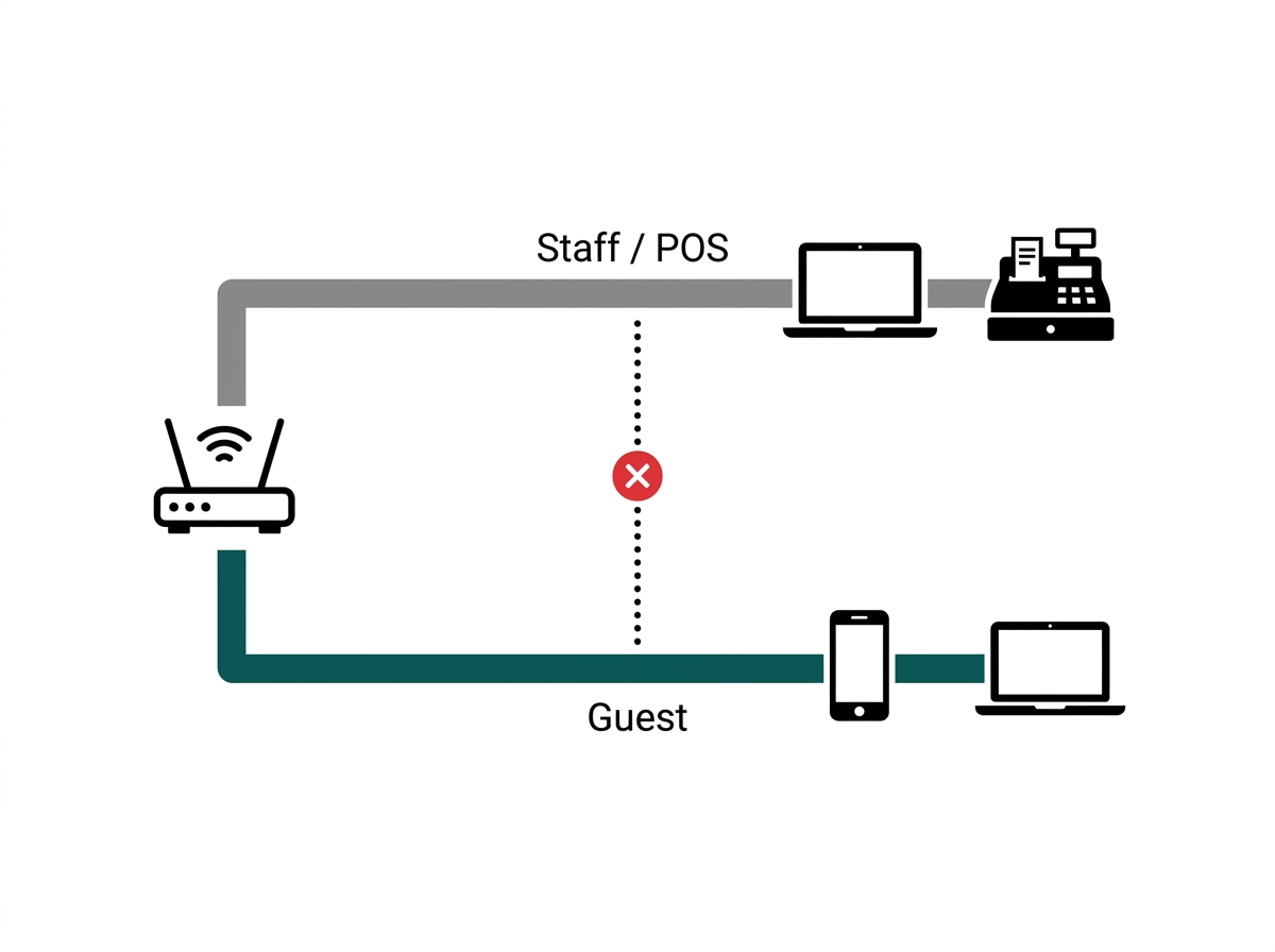 Flat diagram showing two separate network paths from a router, one for staff and POS systems and one for guest devices, with a blocked connection between them