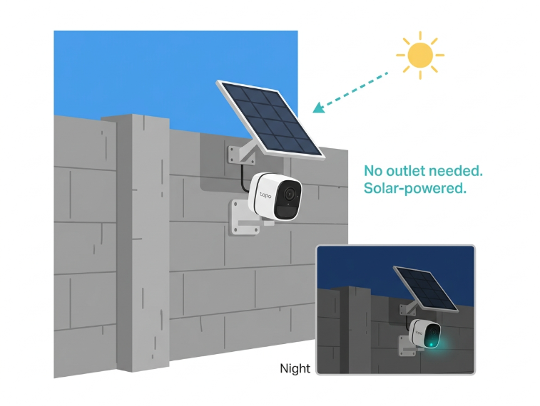 Tapo C410 battery camera with Tapo Solar Panel mounted on a Philippine perimeter wall - wire-free installation with no outlet required