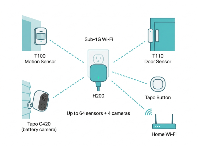 Tapo H200 smart hub ecosystem diagram for the Philippines - motion sensors, door sensors, battery cameras, and smart buttons connected via Sub-1G wireless