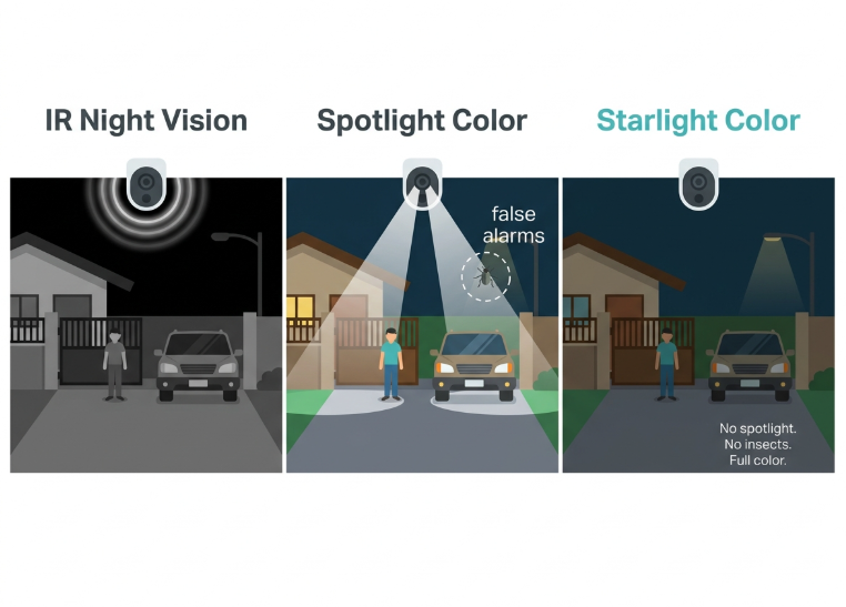 Three-panel comparison of IR, spotlight color, and starlight color night vision for Tapo outdoor cameras in Philippine low-light conditions