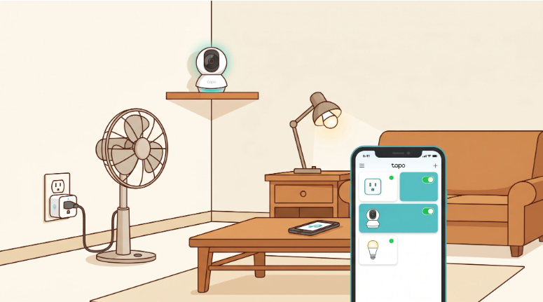 Tapo smart home setup in a Filipino living room - P110 smart plug, C210 indoor camera, and L530E smart bulb all controlled from one Tapo app