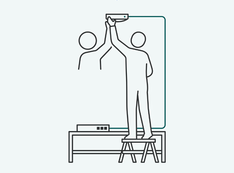 Flat illustration of a technician mounting a ceiling access point and connecting an Ethernet cable to a PoE switch
