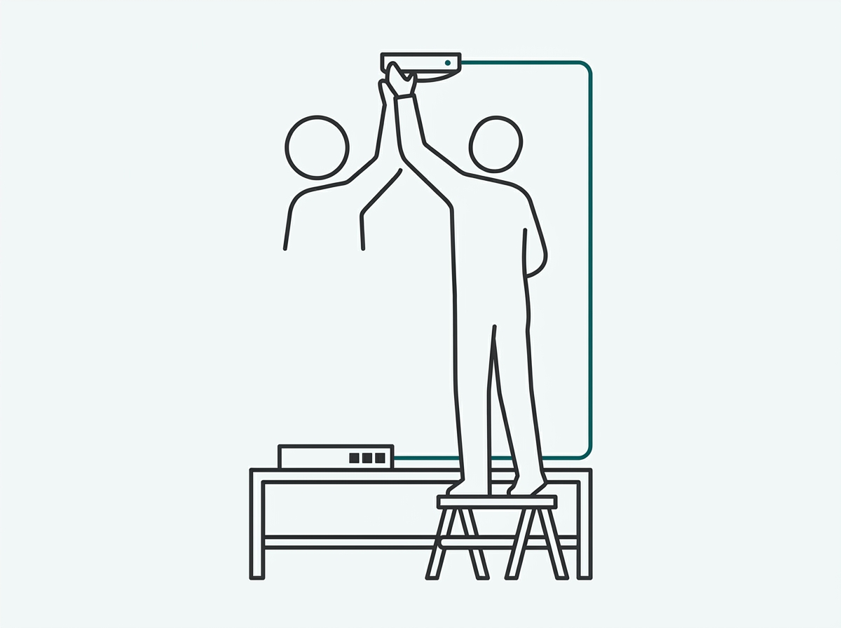 Flat illustration of a technician mounting a ceiling access point and connecting an Ethernet cable to a PoE switch