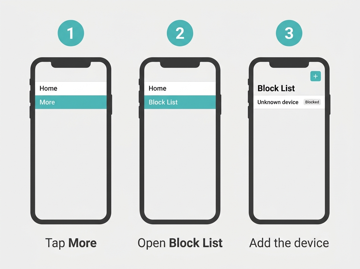 Three steps to block a device in the TP-Link Tether app using More, Block List, and the plus icon