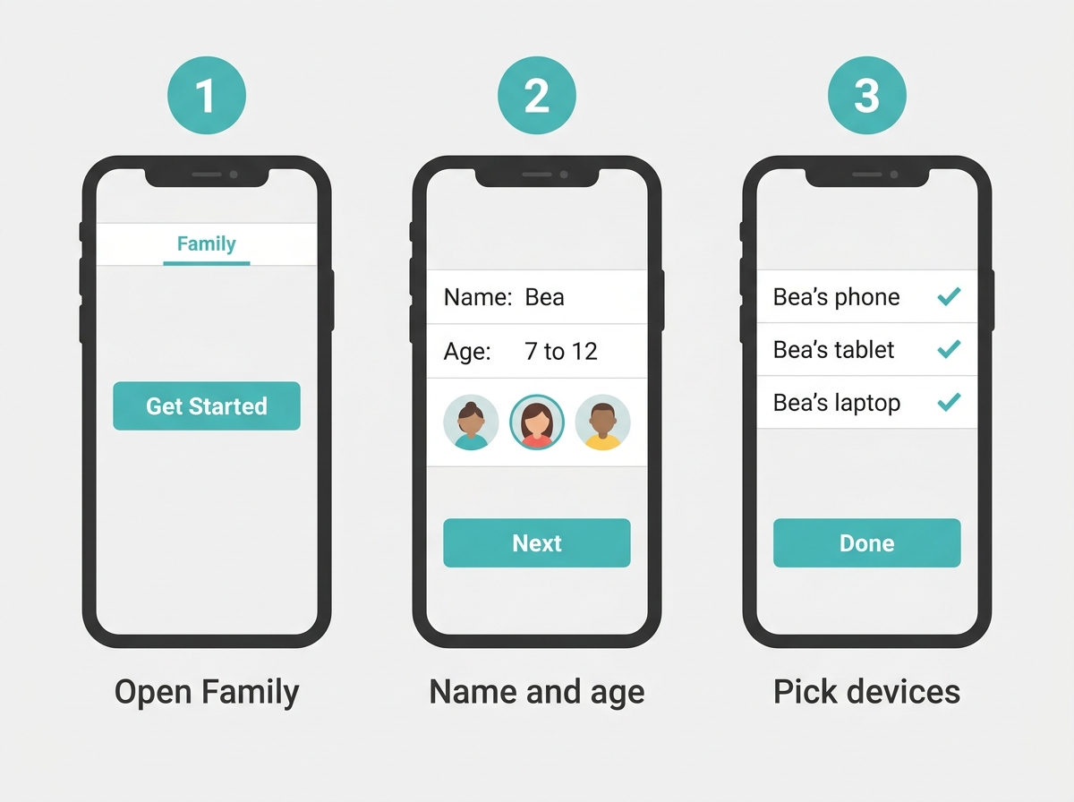 Three steps to create a kid-safe Wi-Fi profile in the TP-Link Tether app, from the Family tab to naming the profile and picking devices