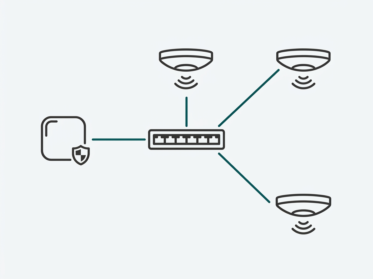 Labeled flat network topology diagram showing a gateway, a PoE switch, and two to three ceiling-mount access points connected by Ethernet cable