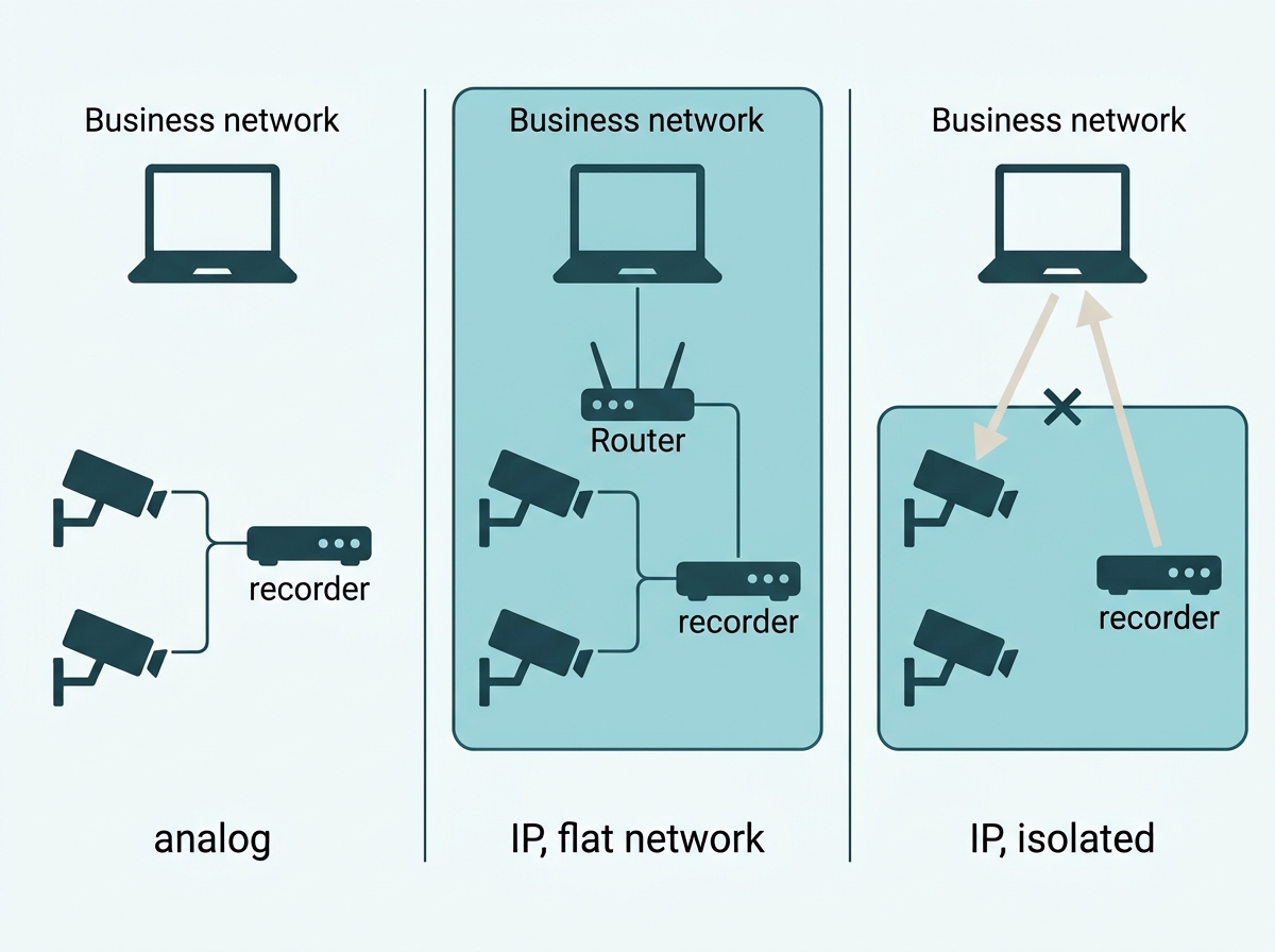 Cameras off the network, cameras on the business network, and cameras on an isolated recorder subnet