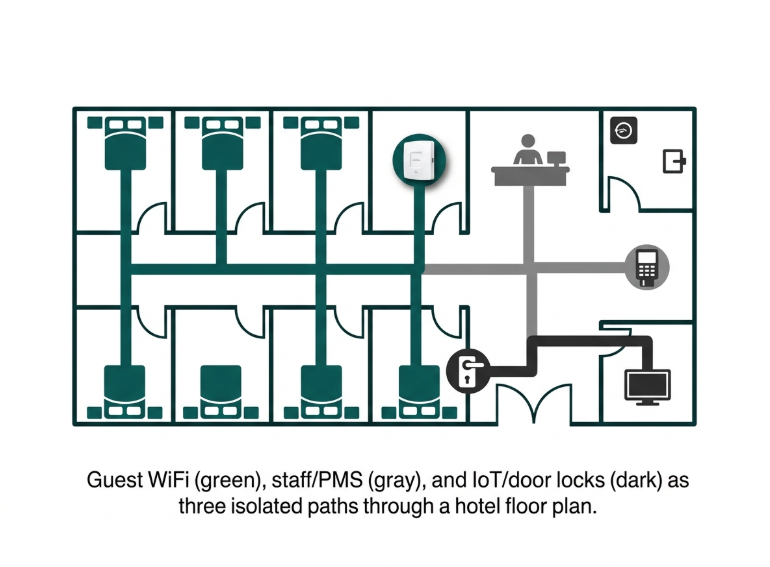 Flat hotel floor plan diagram showing guest room WiFi, front desk PMS network, and door lock IPTV network as three color-coded paths