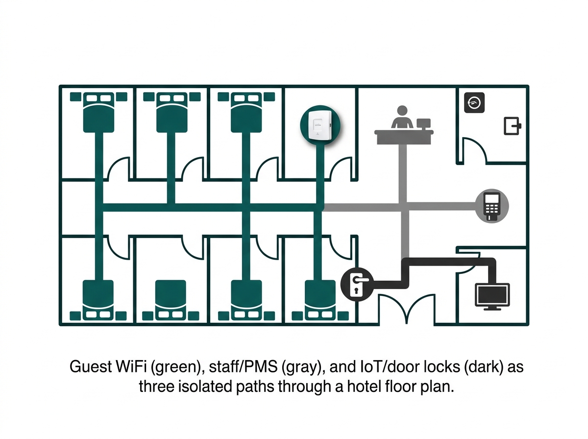 Flat hotel floor plan diagram showing guest room WiFi, front desk PMS network, and door lock IPTV network as three color-coded paths