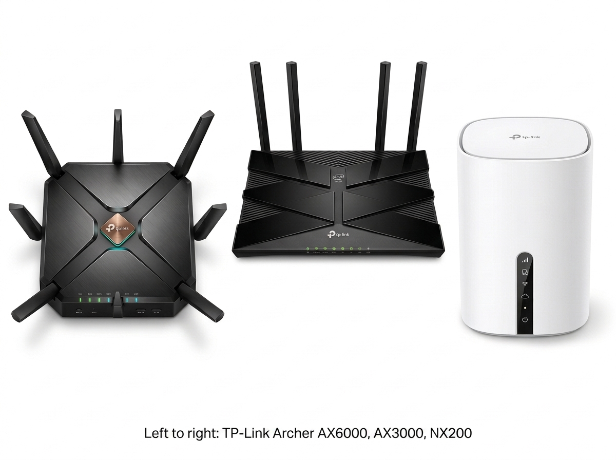 Product photo comparing three real TP-Link home internet routers side by side