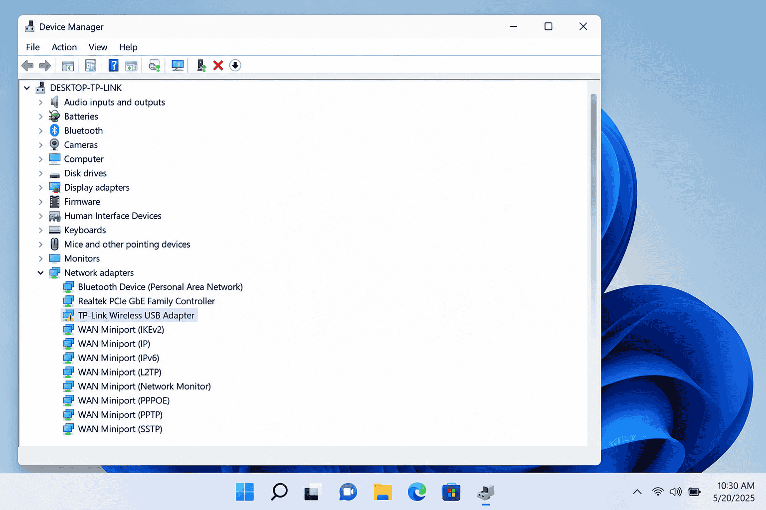 Windows 11 Device Manager showing TP-Link WiFi adapter with a yellow exclamation mark — driver troubleshooting step for Filipino users