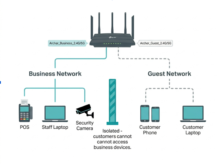 TP-Link Archer router diagram showing guest network and business network isolation for a Philippine cafe or salon - POS on main network, customers on separate guest SSID