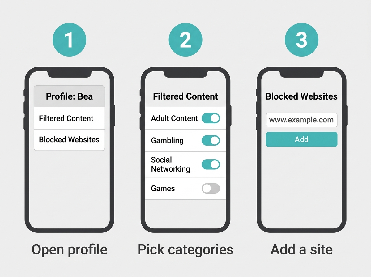 Three steps to set up TP-Link content filtering, from a child's profile to category toggles and adding a blocked website