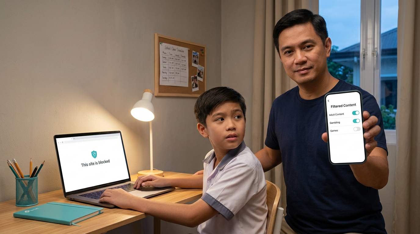 Filipino father managing TP-Link content filters on his phone while his son's laptop shows a blocked site message