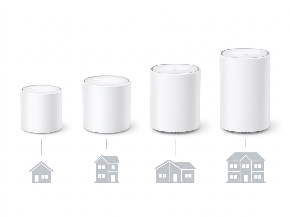 Photo of four real TP-Link Deco mesh WiFi units matched to different home sizes and use cases
